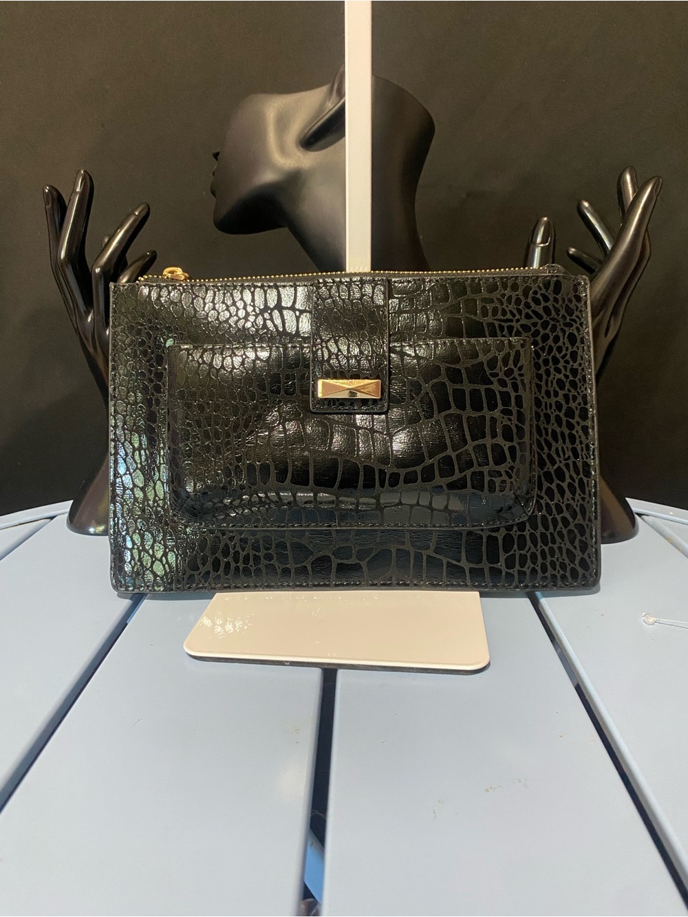 Black Croc Embossed Clutch Bag | Y2K Minimalist Zip Pouch